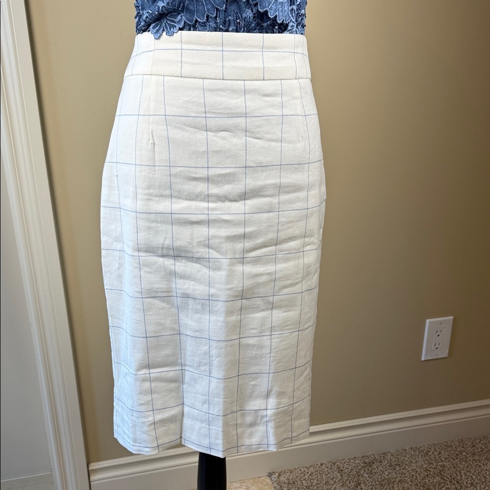 Le Chateau Pencil Skirt Linen Cotton Sz 11/12 Off White / Cream Blue Windowpane